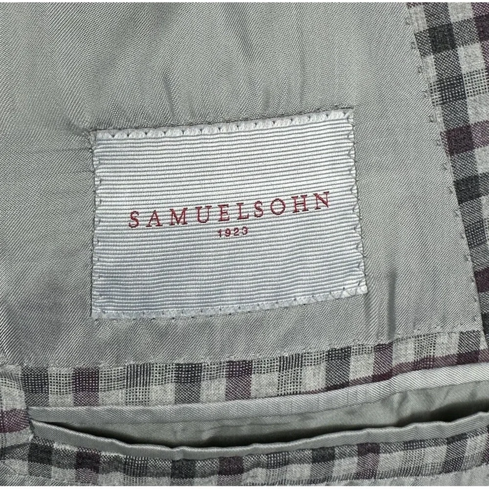 Samuelsohn Current SB Castle Super 130s Wool Purple Gray Checked Blazer Size 46L